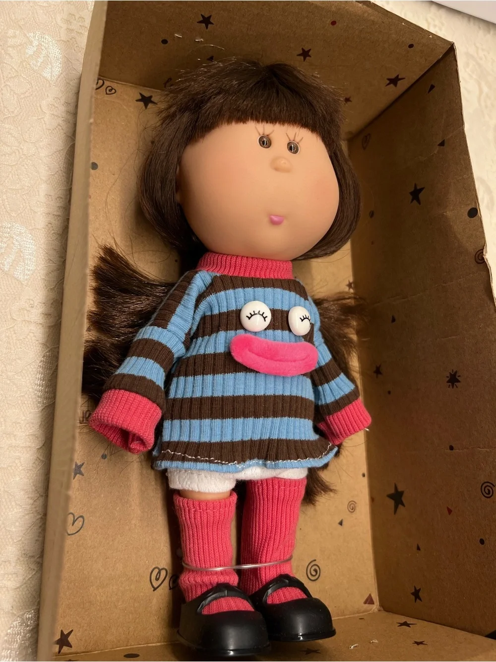 New, Mia Brown Hair Doll in Blue & Brown Striped Outfit with Pink Accents